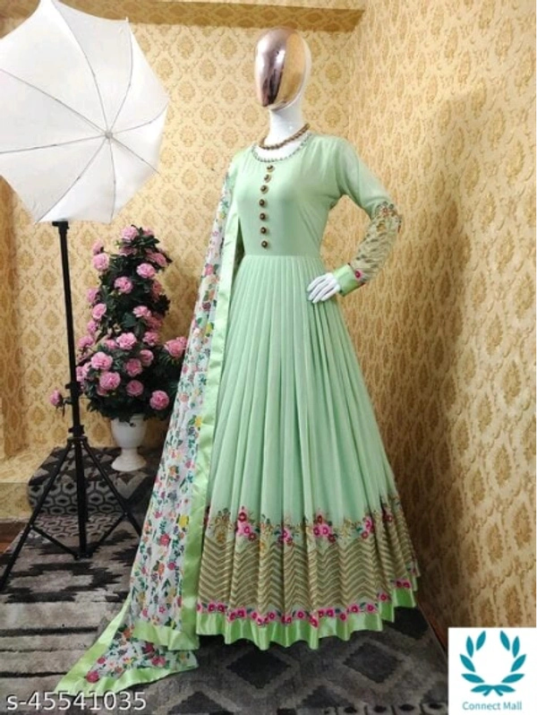 Sea Green Georgette Long Gown - Free Size, Green Sea, Georgette, Embroidered, Pack of :1